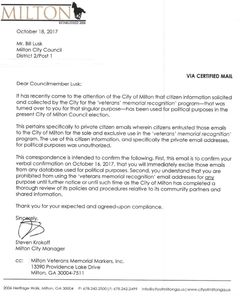 Lusk Cease and Desist Letter